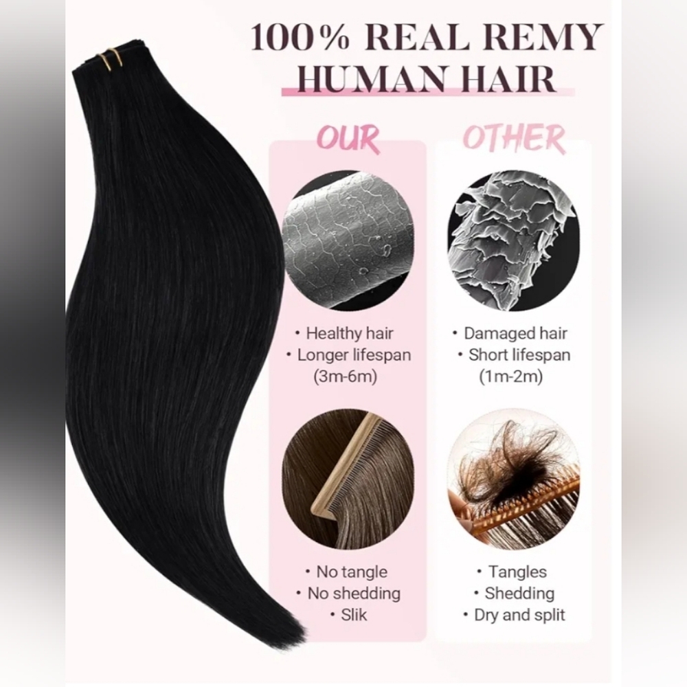 Maxita 100% Remy Human Hair 16" Extensions Jet Black Invisi Edge Clip Ins - Picture 6 of 16